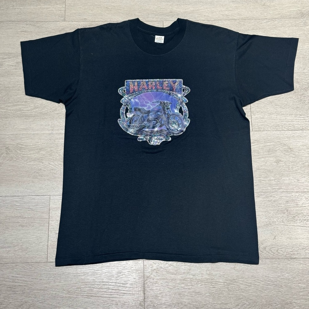 Vintage 70s 80s Iron On Harley Davidson Shirt Lightning Biker Pinup Size XL